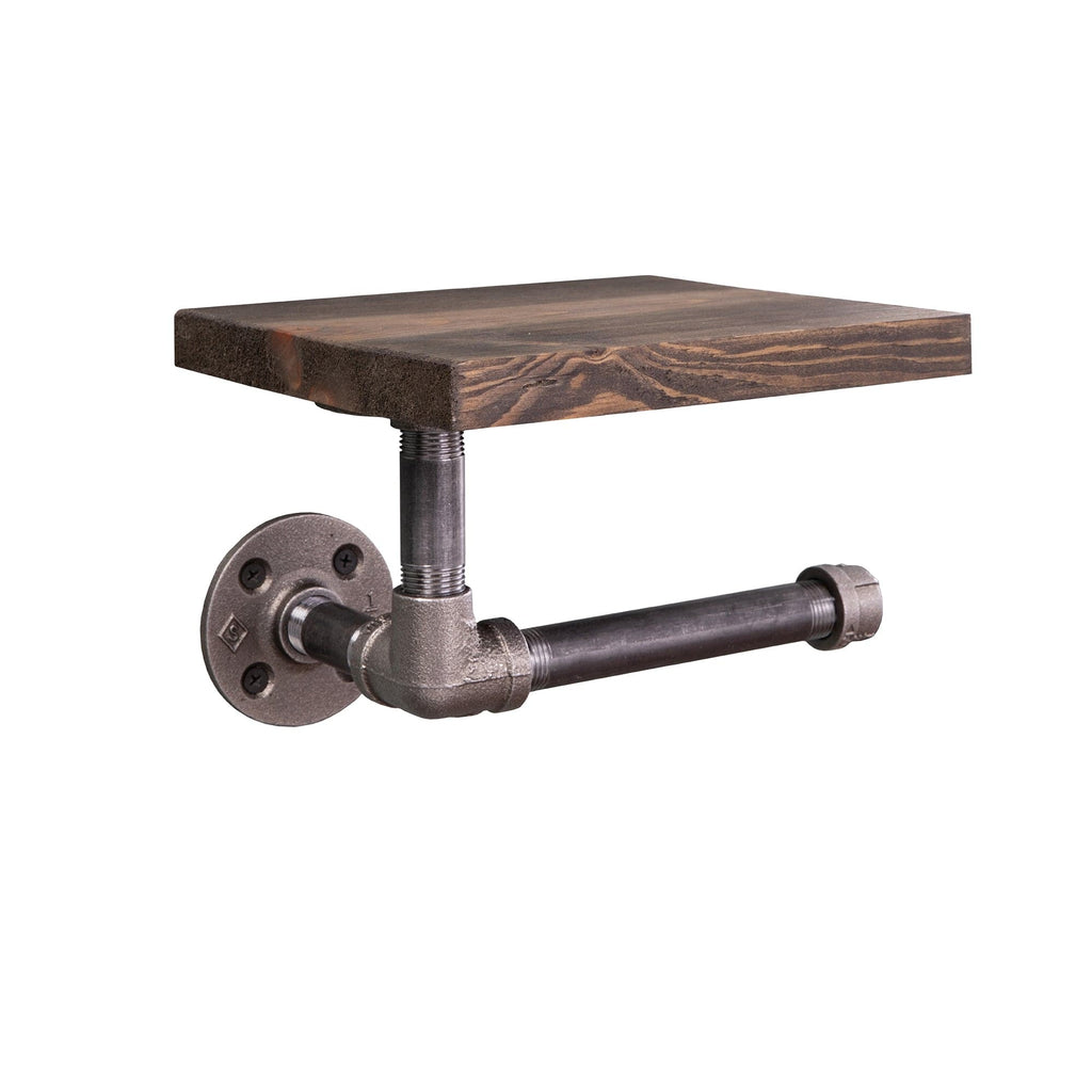 Rustic Industrial Wall-Mounted Toilet Paper Holder with Wood Shelf - 6 inch