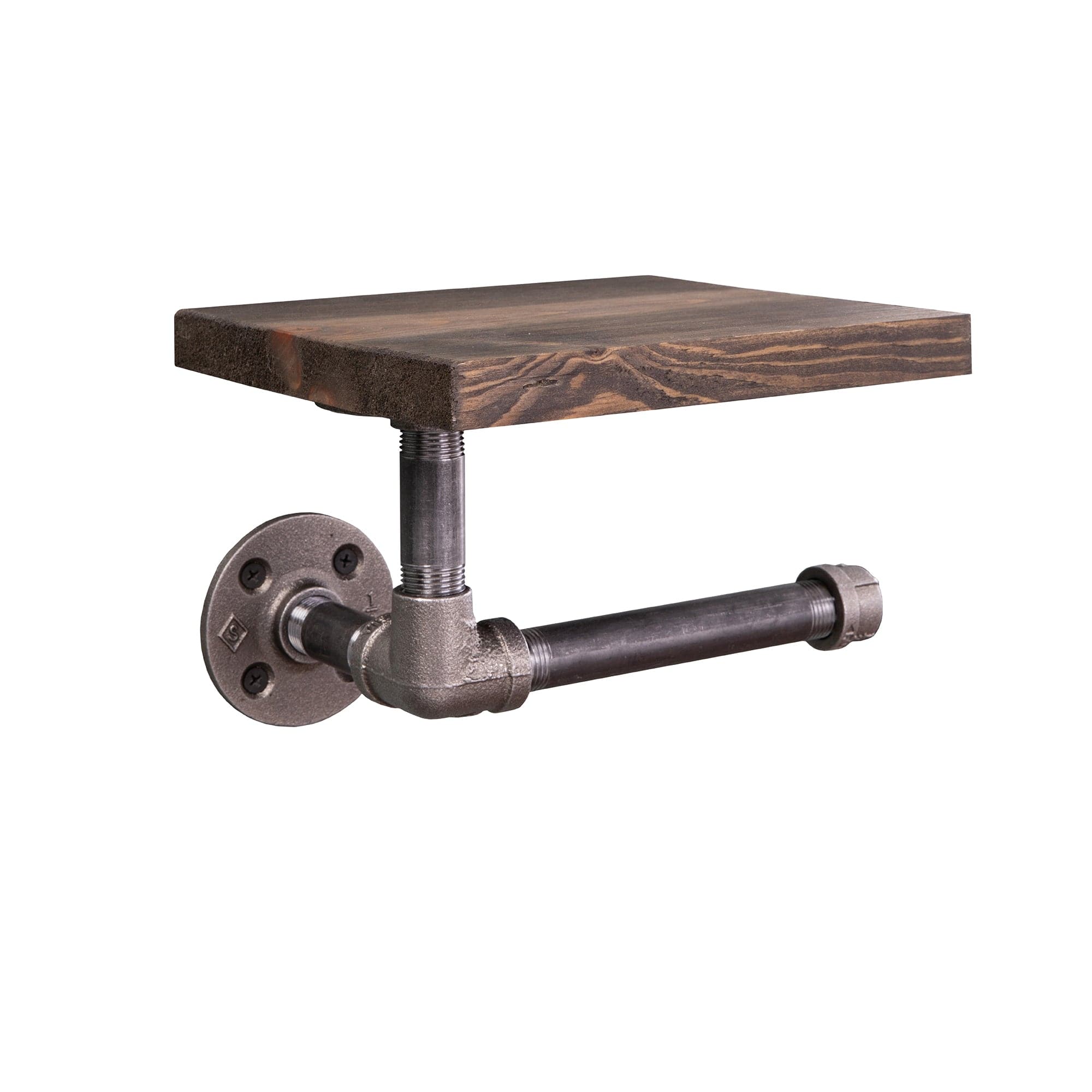 Rustic Industrial Wall-Mounted Toilet Paper Holder with Wood Shelf - 6 inch