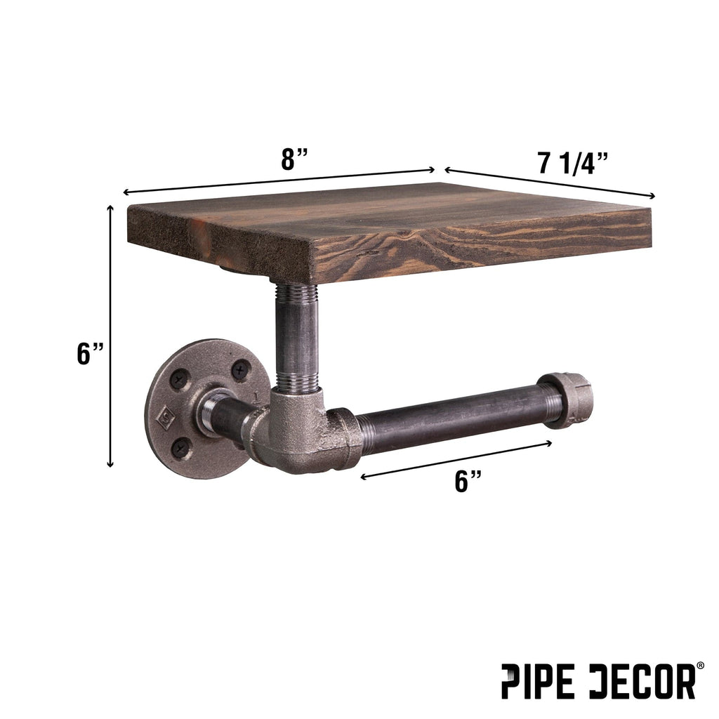 Rustic Industrial Wall-Mounted Toilet Paper Holder with Wood Shelf - 6 inch