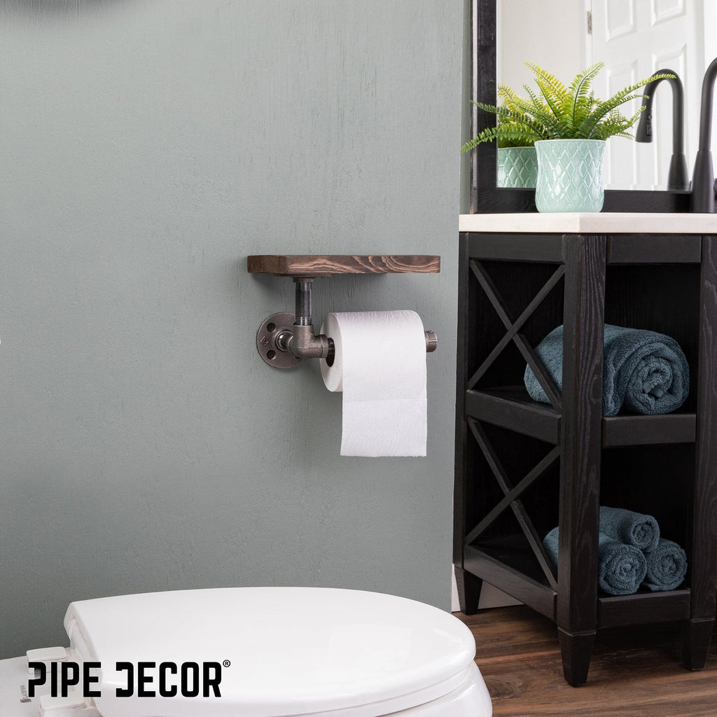 Rustic Industrial Wall-Mounted Toilet Paper Holder with Wood Shelf - 6 inch