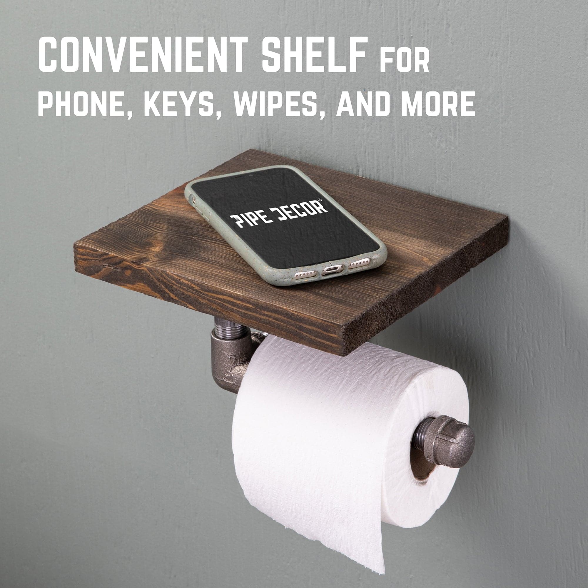 Rustic Industrial Wall-Mounted Toilet Paper Holder with Wood Shelf - 6 inch
