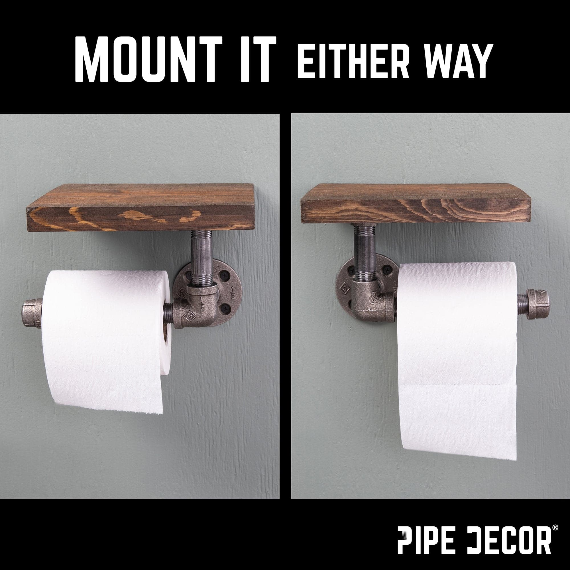 Rustic Industrial Wall-Mounted Toilet Paper Holder with Wood Shelf - 6 inch