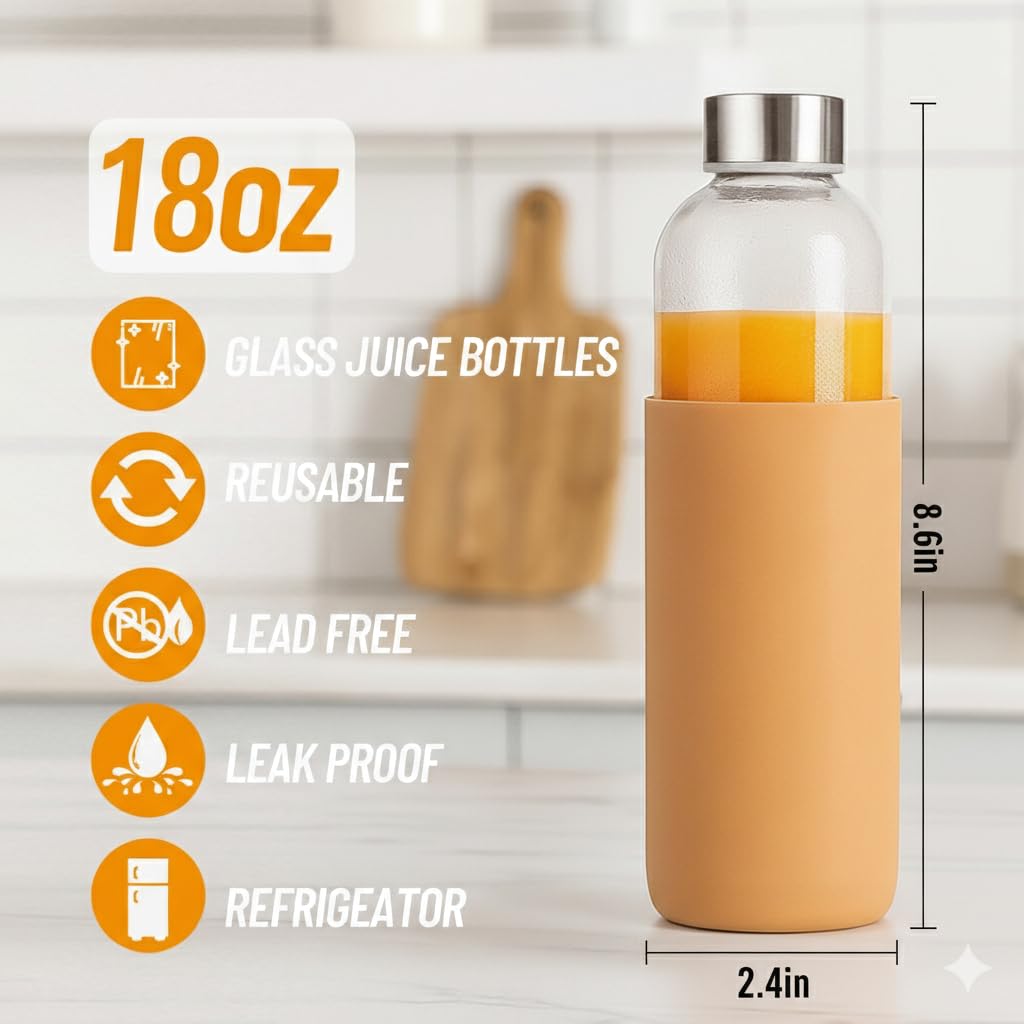 18 oz Glass Juice Bottles with Lids and Silicone Sleeve, 6 Pack Reusable Clear Glass Water Bottles with Stainless Steel Cap for Juicing, Refrigerator,100% Leak Proof, BPA Free Drinking Bottle