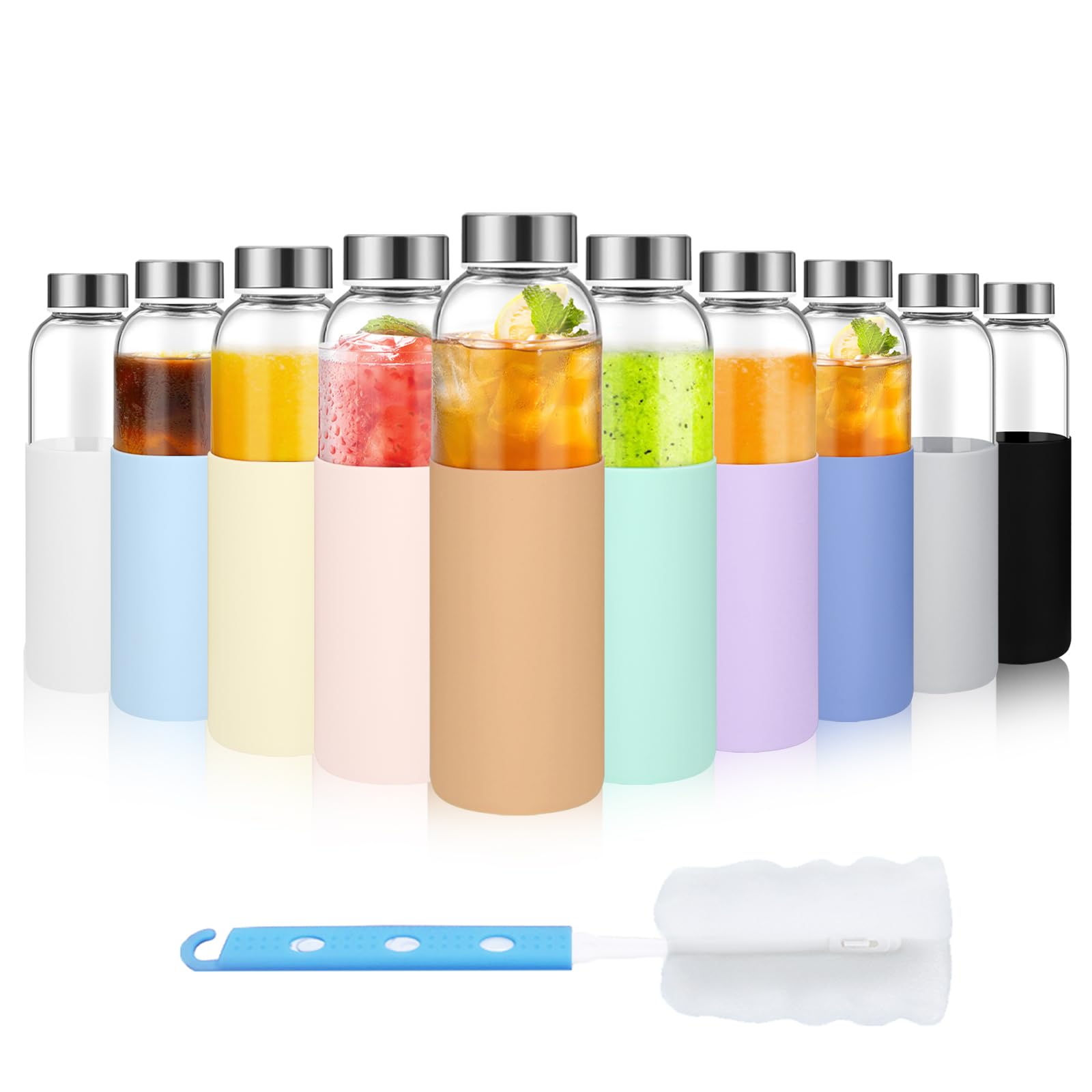 18 oz Glass Juice Bottles with Lids and Silicone Sleeve, 6 Pack Reusable Clear Glass Water Bottles with Stainless Steel Cap for Juicing, Refrigerator,100% Leak Proof, BPA Free Drinking Bottle
