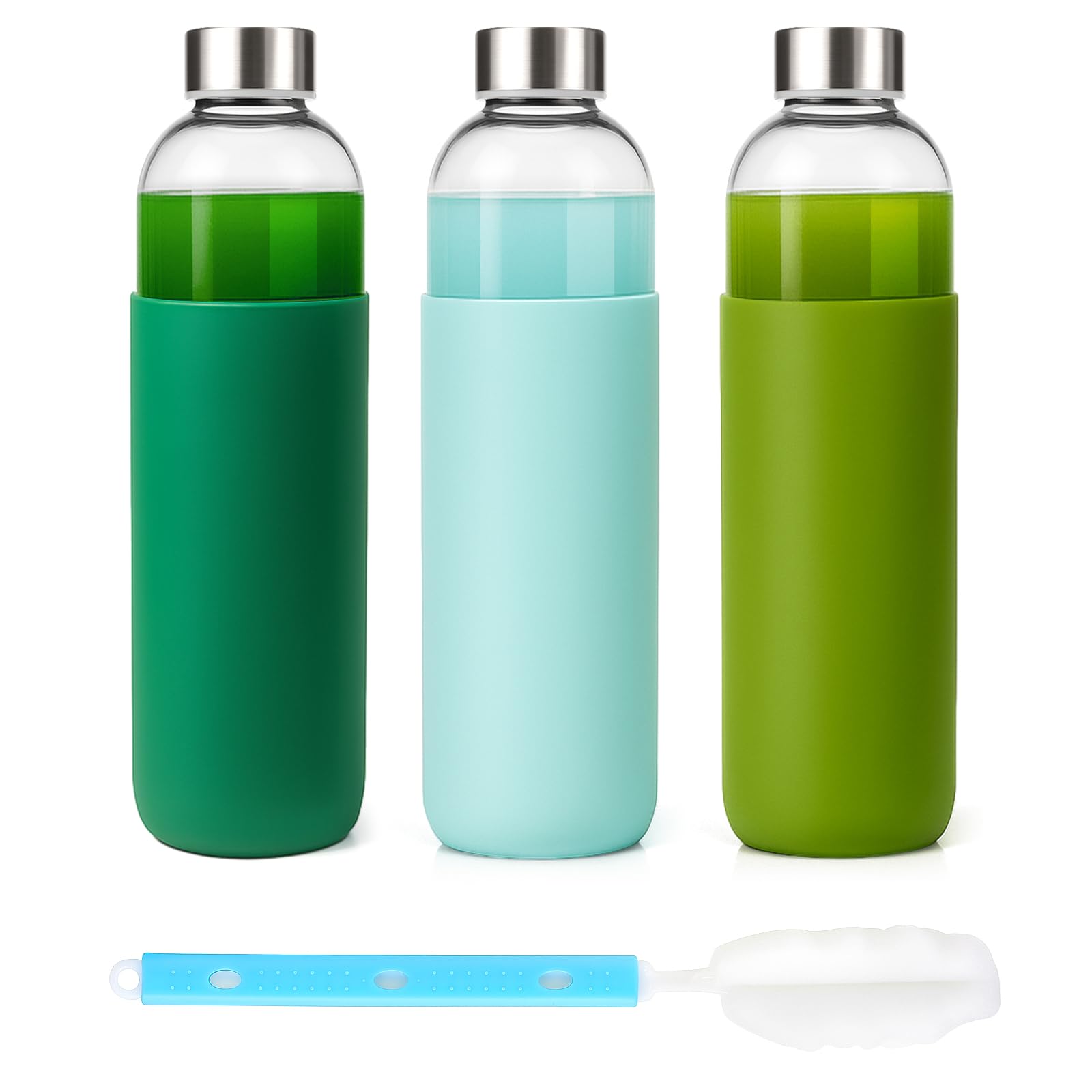 18 oz Glass Juice Bottles with Lids and Silicone Sleeve, 6 Pack Reusable Clear Glass Water Bottles with Stainless Steel Cap for Juicing, Refrigerator,100% Leak Proof, BPA Free Drinking Bottle