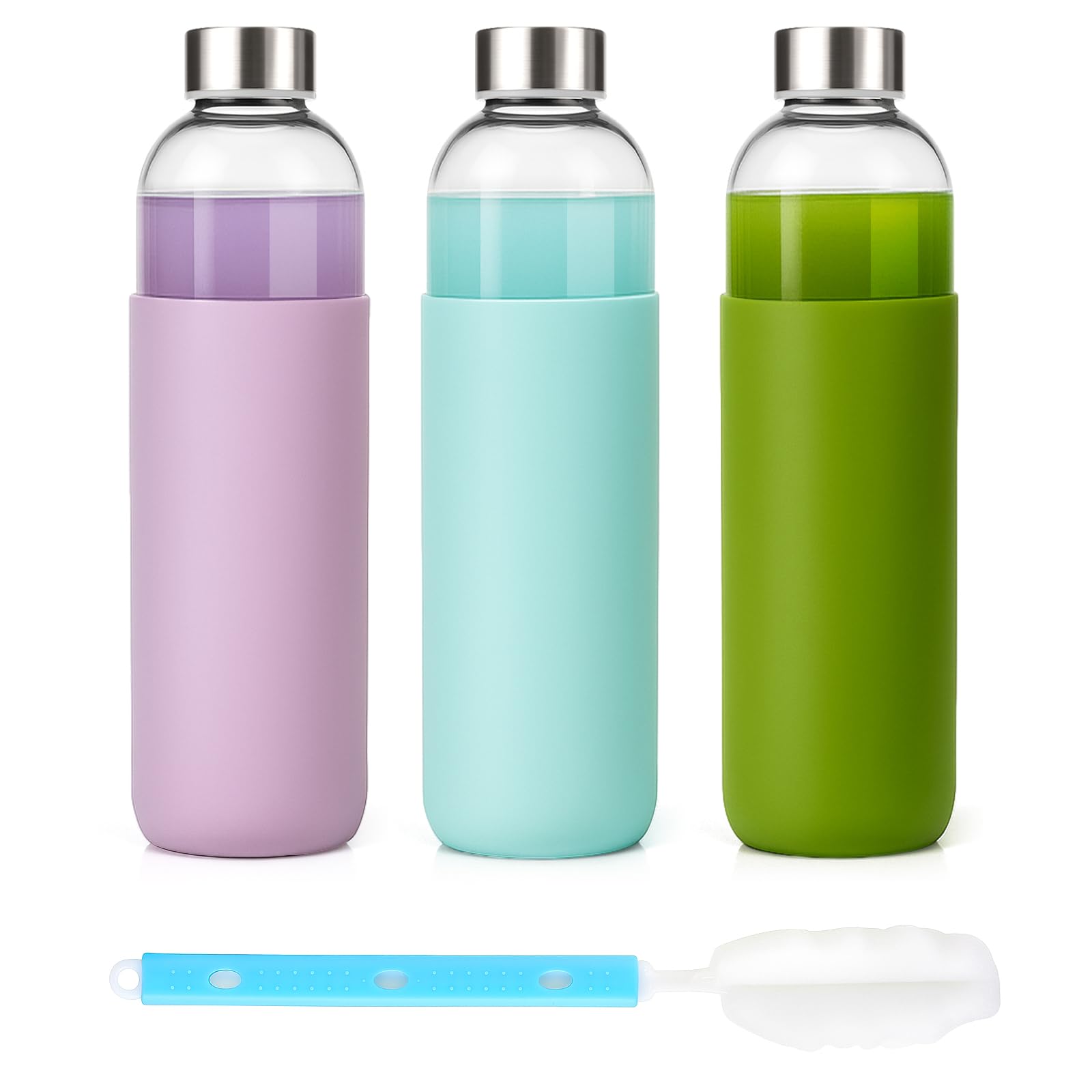 18 oz Glass Juice Bottles with Lids and Silicone Sleeve, 6 Pack Reusable Clear Glass Water Bottles with Stainless Steel Cap for Juicing, Refrigerator,100% Leak Proof, BPA Free Drinking Bottle