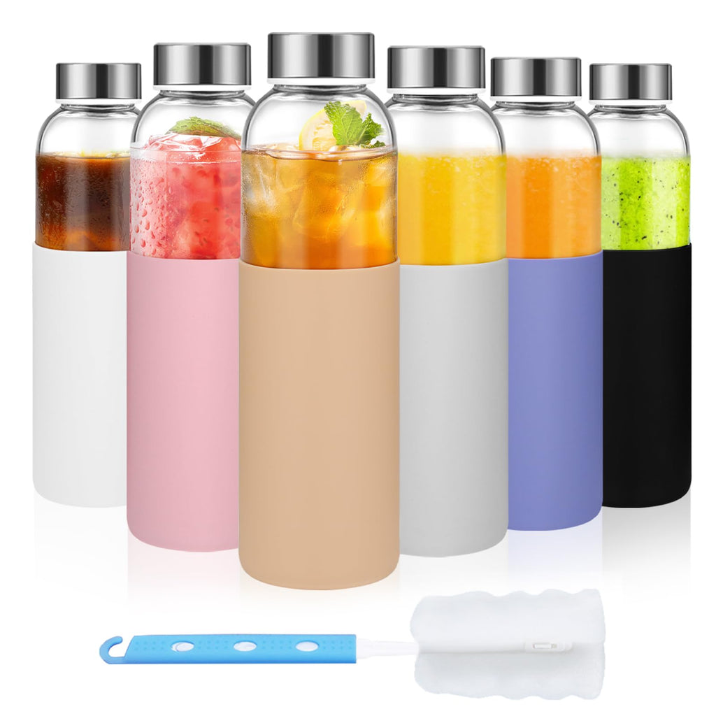 18 oz Glass Juice Bottles with Lids and Silicone Sleeve, 6 Pack Reusable Clear Glass Water Bottles with Stainless Steel Cap for Juicing, Refrigerator,100% Leak Proof, BPA Free Drinking Bottle