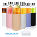 18 oz Glass Juice Bottles with Lids and Silicone Sleeve, 6 Pack Reusable Clear Glass Water Bottles with Stainless Steel Cap for Juicing, Refrigerator,100% Leak Proof, BPA Free Drinking Bottle