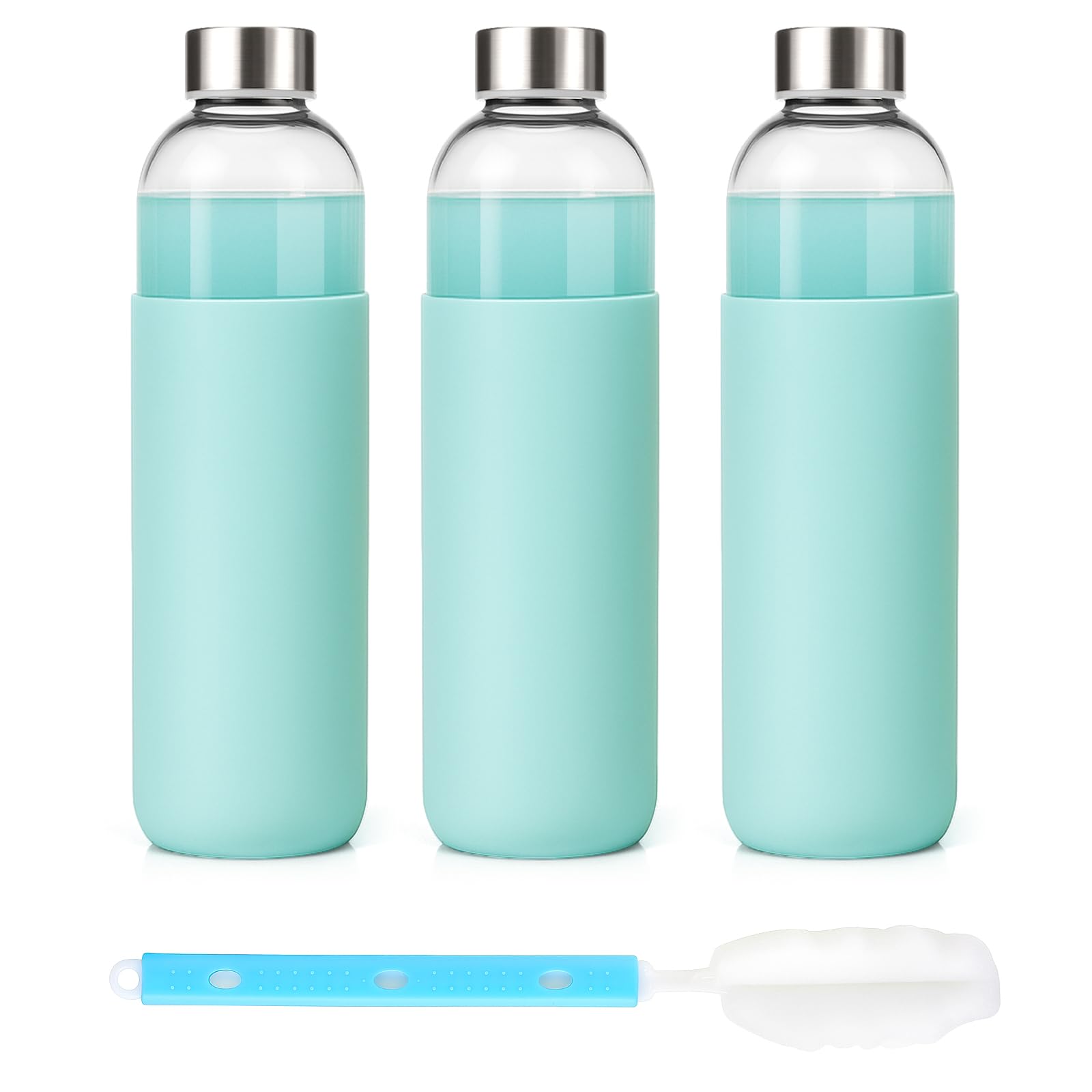 18 oz Glass Juice Bottles with Lids and Silicone Sleeve, 6 Pack Reusable Clear Glass Water Bottles with Stainless Steel Cap for Juicing, Refrigerator,100% Leak Proof, BPA Free Drinking Bottle