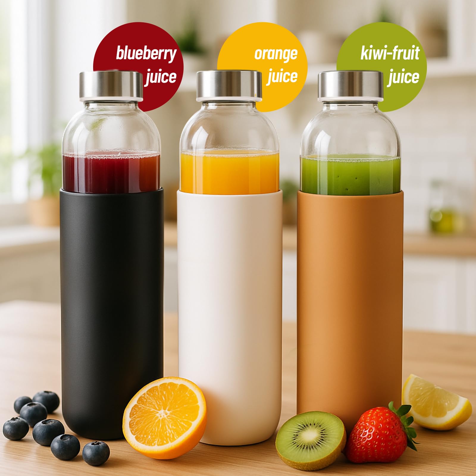 18 oz Glass Juice Bottles with Lids and Silicone Sleeve, 6 Pack Reusable Clear Glass Water Bottles with Stainless Steel Cap for Juicing, Refrigerator,100% Leak Proof, BPA Free Drinking Bottle