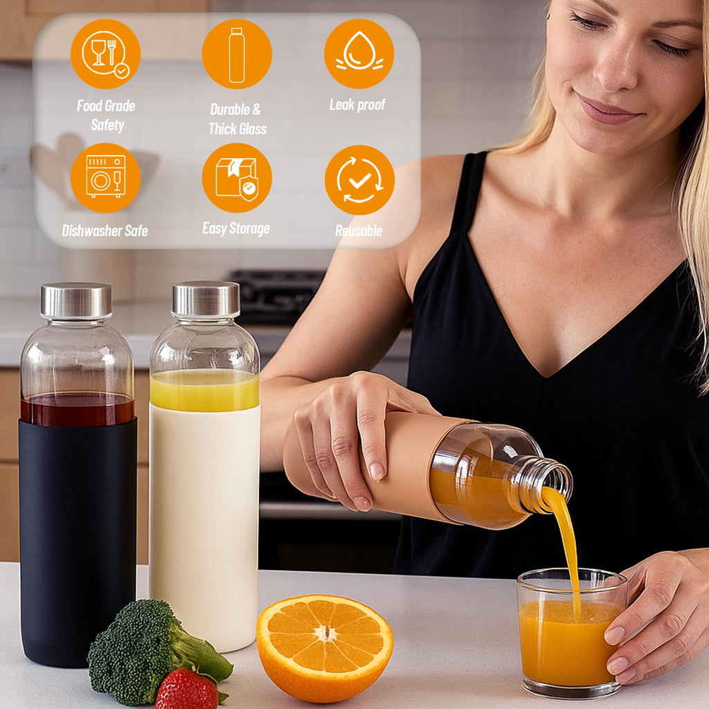 18 oz Glass Juice Bottles with Lids and Silicone Sleeve, 6 Pack Reusable Clear Glass Water Bottles with Stainless Steel Cap for Juicing, Refrigerator,100% Leak Proof, BPA Free Drinking Bottle