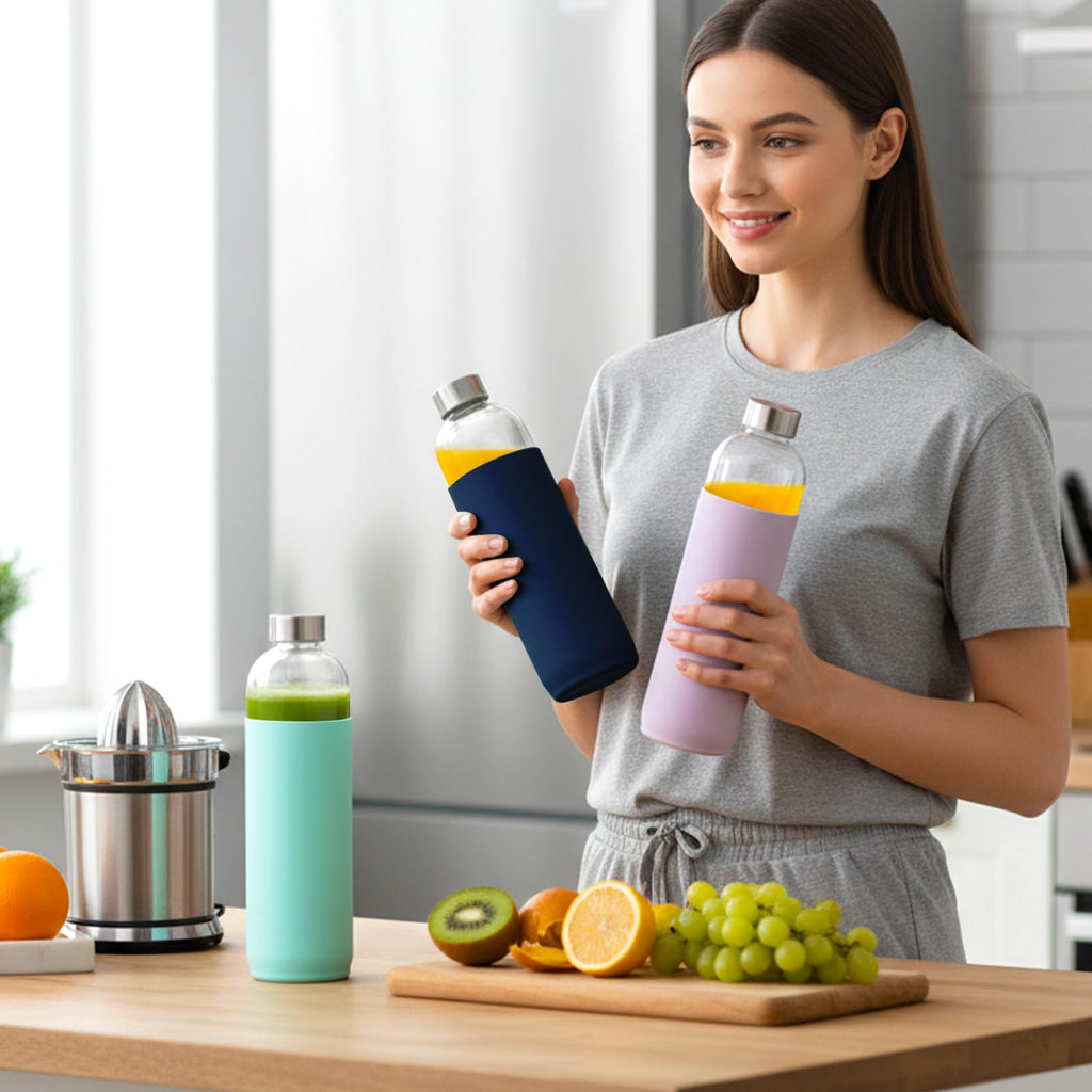 18 oz Glass Juice Bottles with Lids and Silicone Sleeve, 6 Pack Reusable Clear Glass Water Bottles with Stainless Steel Cap for Juicing, Refrigerator,100% Leak Proof, BPA Free Drinking Bottle