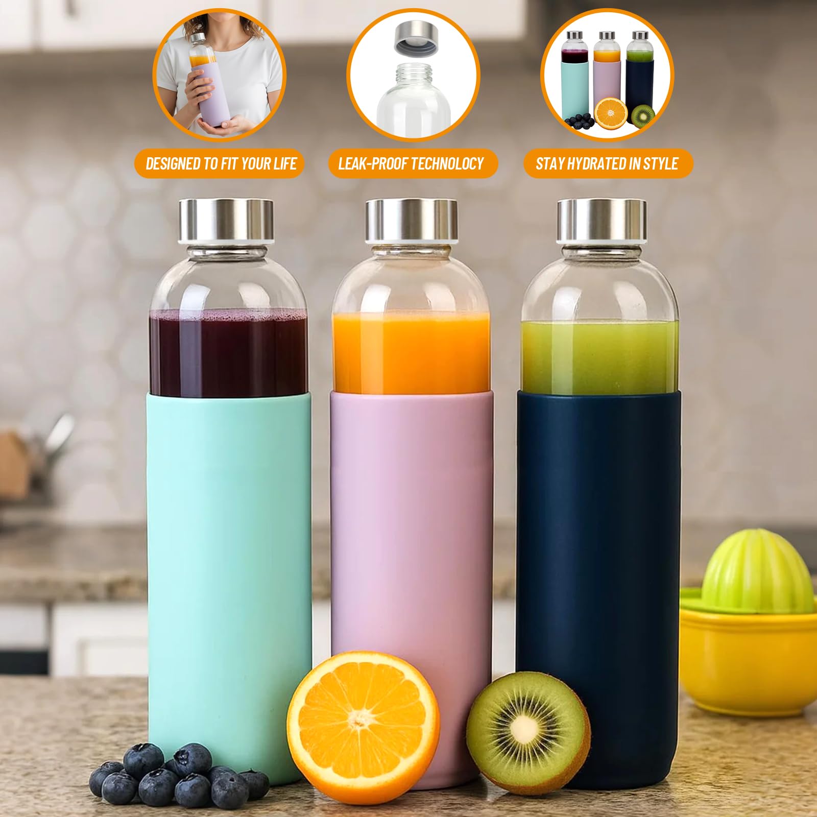 18 oz Glass Juice Bottles with Lids and Silicone Sleeve, 6 Pack Reusable Clear Glass Water Bottles with Stainless Steel Cap for Juicing, Refrigerator,100% Leak Proof, BPA Free Drinking Bottle