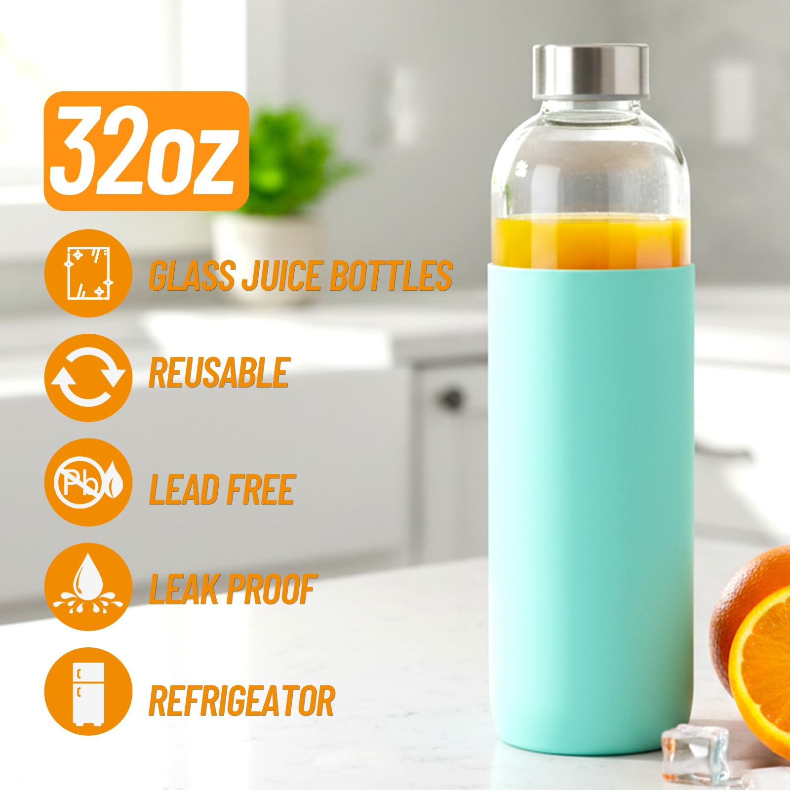 18 oz Glass Juice Bottles with Lids and Silicone Sleeve, 6 Pack Reusable Clear Glass Water Bottles with Stainless Steel Cap for Juicing, Refrigerator,100% Leak Proof, BPA Free Drinking Bottle