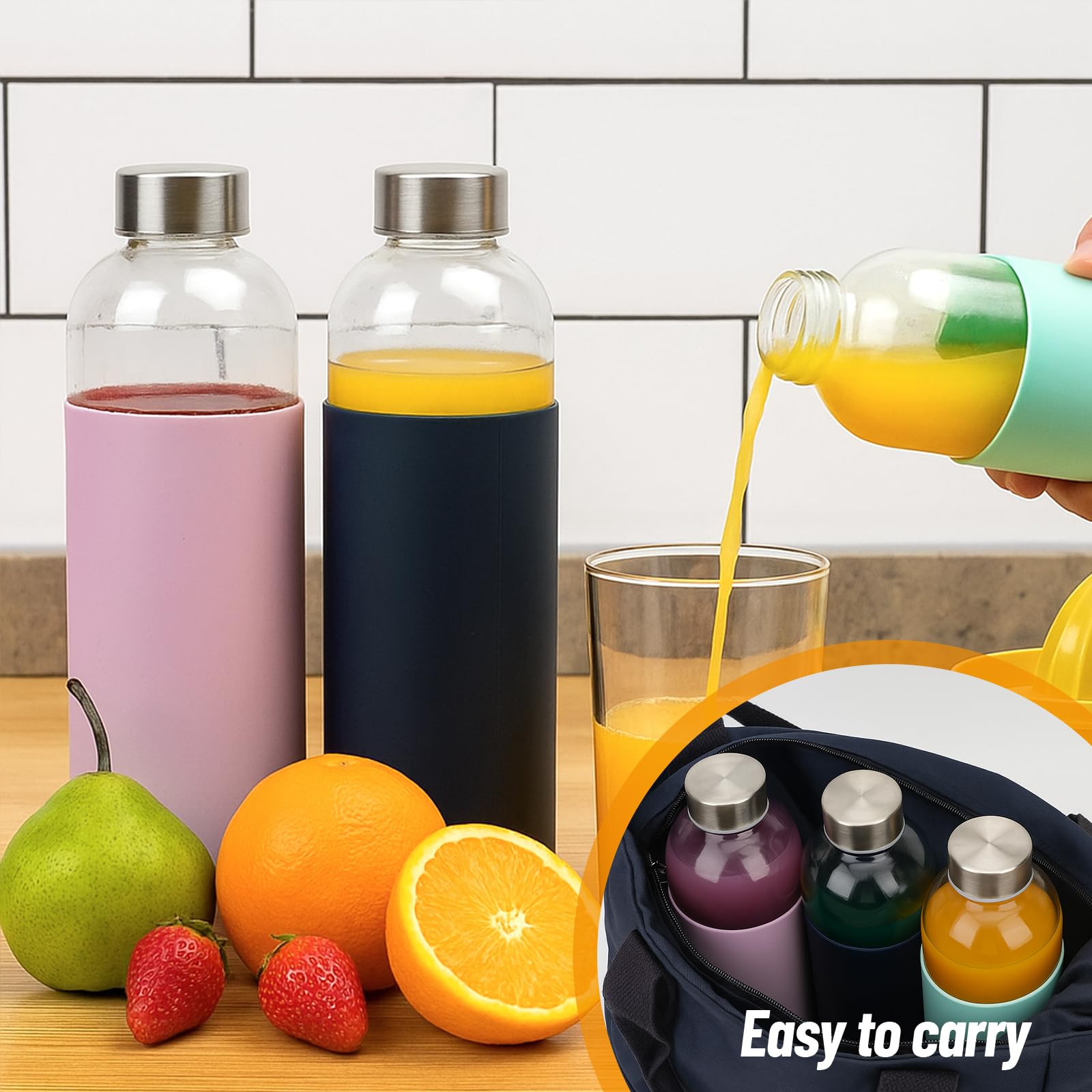 18 oz Glass Juice Bottles with Lids and Silicone Sleeve, 6 Pack Reusable Clear Glass Water Bottles with Stainless Steel Cap for Juicing, Refrigerator,100% Leak Proof, BPA Free Drinking Bottle