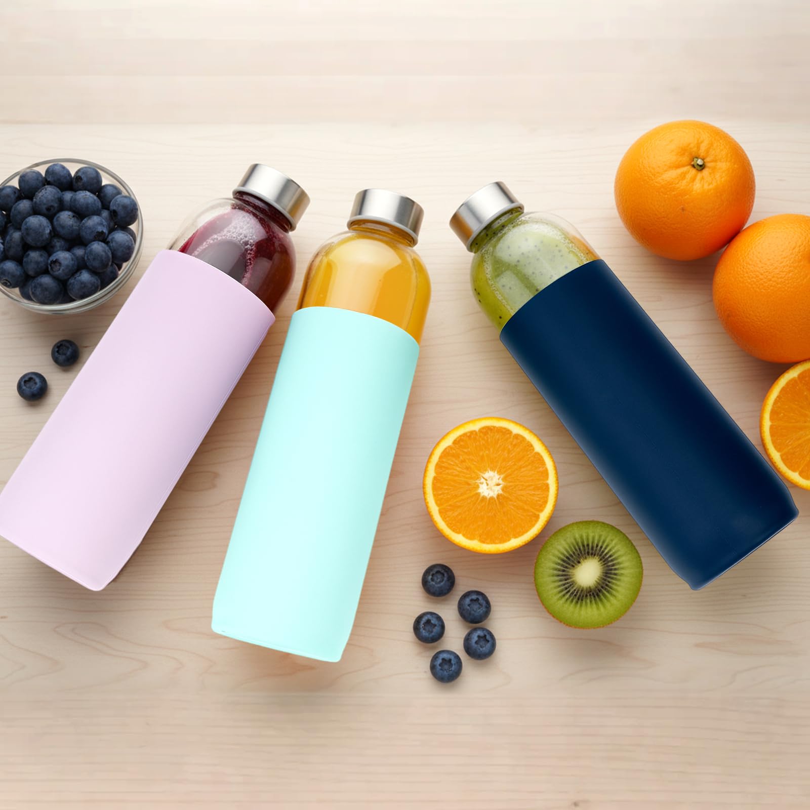 18 oz Glass Juice Bottles with Lids and Silicone Sleeve, 6 Pack Reusable Clear Glass Water Bottles with Stainless Steel Cap for Juicing, Refrigerator,100% Leak Proof, BPA Free Drinking Bottle