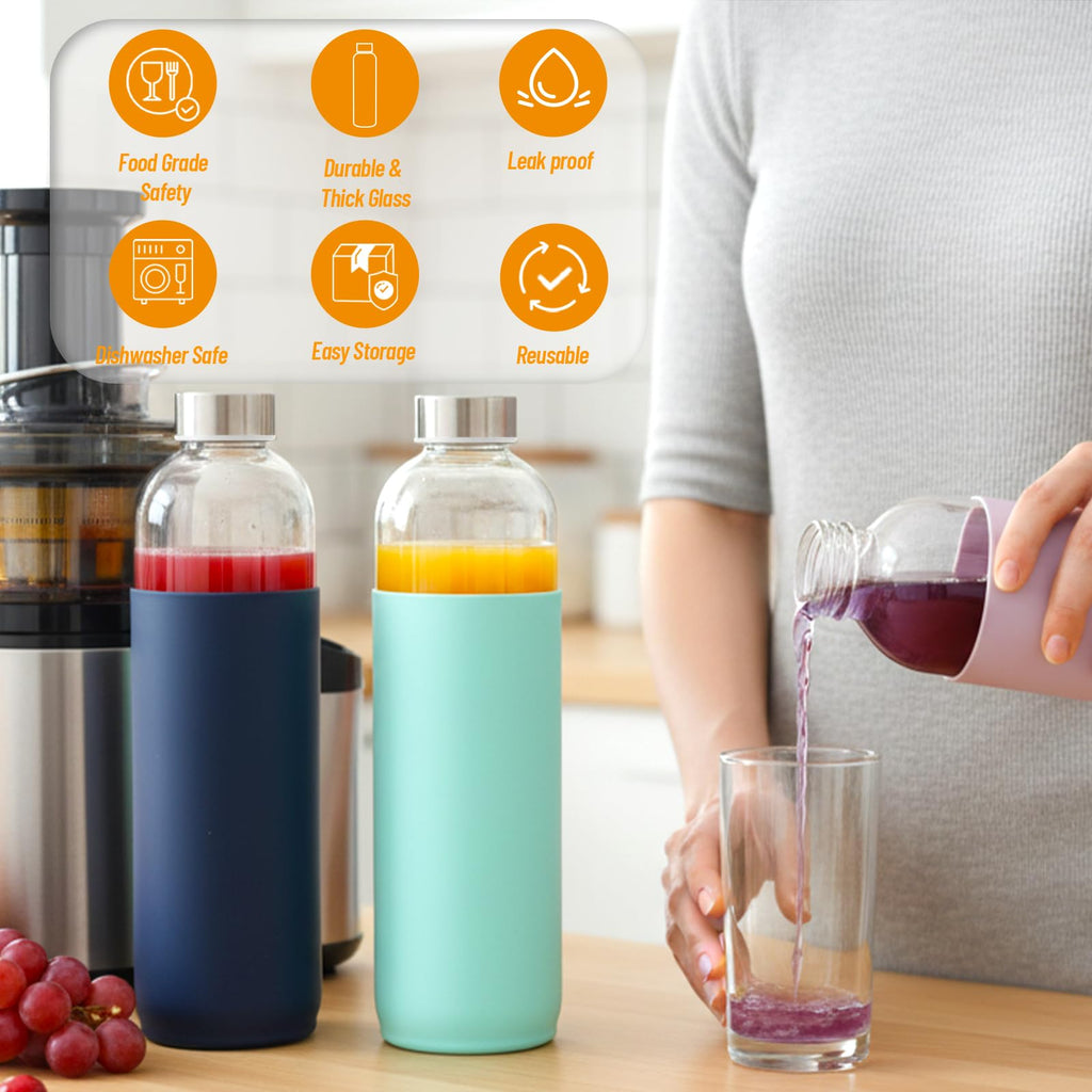 18 oz Glass Juice Bottles with Lids and Silicone Sleeve, 6 Pack Reusable Clear Glass Water Bottles with Stainless Steel Cap for Juicing, Refrigerator,100% Leak Proof, BPA Free Drinking Bottle