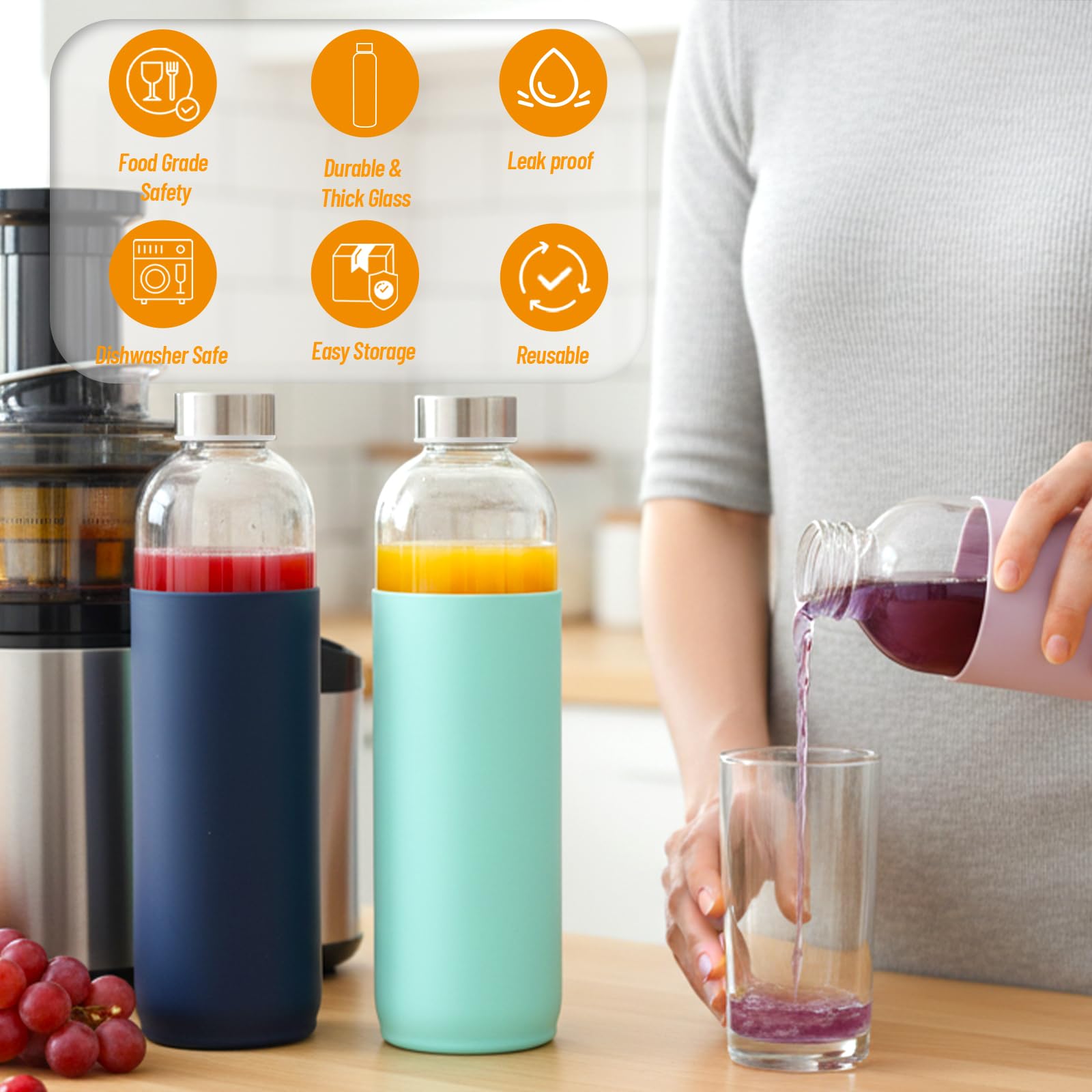 18 oz Glass Juice Bottles with Lids and Silicone Sleeve, 6 Pack Reusable Clear Glass Water Bottles with Stainless Steel Cap for Juicing, Refrigerator,100% Leak Proof, BPA Free Drinking Bottle