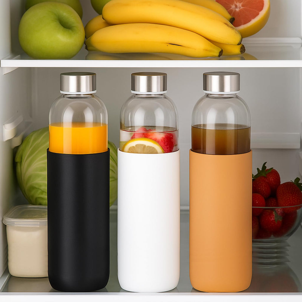 18 oz Glass Juice Bottles with Lids and Silicone Sleeve, 6 Pack Reusable Clear Glass Water Bottles with Stainless Steel Cap for Juicing, Refrigerator,100% Leak Proof, BPA Free Drinking Bottle