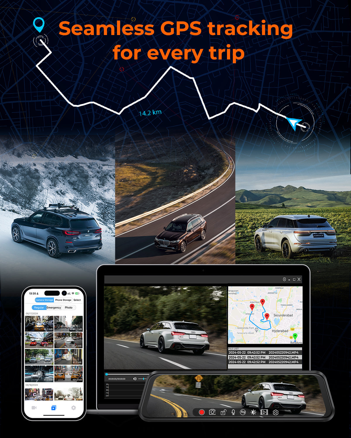 M4 3ch Mirror Dash Cam with 1080P 60fps Front+Rear+Bumper/Cabin Cameras, 12"IPS Touchscreen