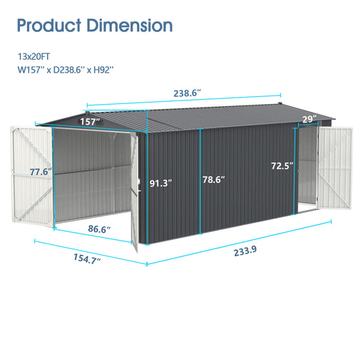 13'x20' Metal Shed with Double Front Doors & Side Entry Door